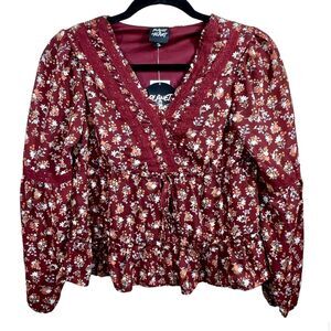 Planet Heart Juniors' Crochet-Trimmed Surplice Tiered Top Windsor Wine size S